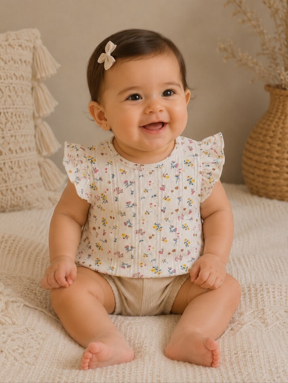 Zara Baby Girls Floral Ribbed Flutter Sleeve Top 6-9 Months Cottagecore Cream